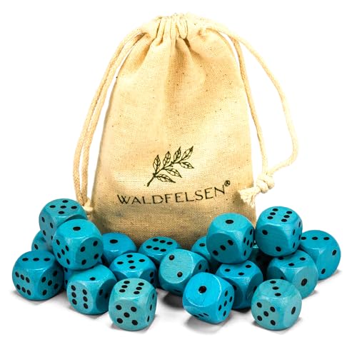 Waldfelsen 6, 12, 20, 30 oder 50 hochqualitative Holzwürfel aus echtem Buchenholz Augenwürfel Spielwürfel aus Holz in 16 mm Standardwürfel mit Stoffbeutel Würfelset (Himmelblau, 20 Stück) von Waldfelsen