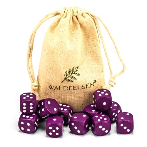 Waldfelsen 6, 12, 20, 30 oder 50 hochqualitative Holzwürfel aus echtem Buchenholz Augenwürfel Spielwürfel aus Holz in 16 mm Standardwürfel mit Stoffbeutel Würfelset (Lila, 12 Stück) von Waldfelsen