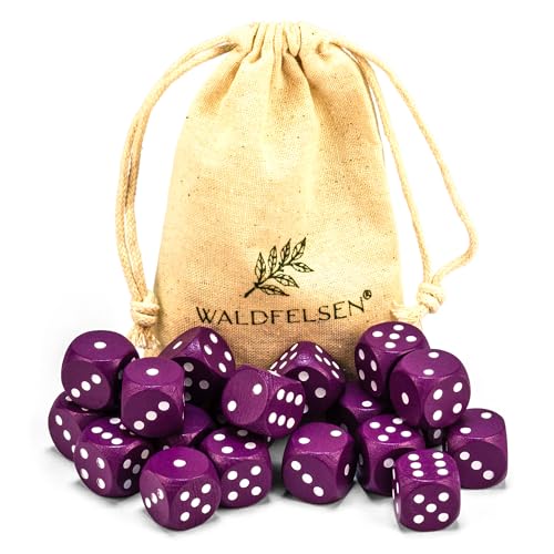 Waldfelsen 6, 12, 20, 30 oder 50 hochqualitative Holzwürfel aus echtem Buchenholz Augenwürfel Spielwürfel aus Holz in 16 mm Standardwürfel mit Stoffbeutel Würfelset (Lila, 20 Stück) von Waldfelsen