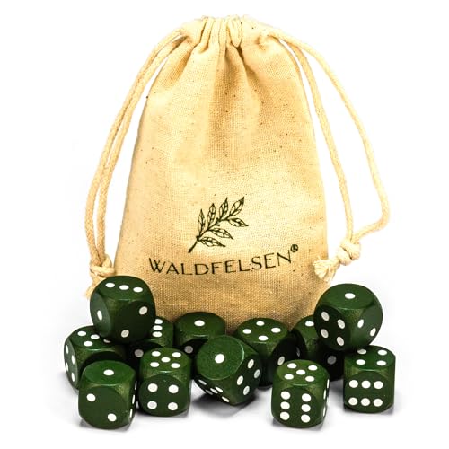 Waldfelsen 6, 12, 20, 30 oder 50 hochqualitative Holzwürfel aus echtem Buchenholz Augenwürfel Spielwürfel aus Holz in 16 mm Standardwürfel mit Stoffbeutel Würfelset (Moosgrün, 12 Stück) von Waldfelsen