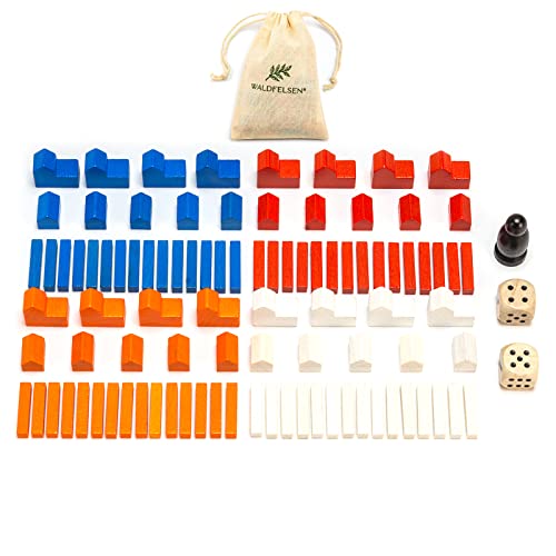 Waldfelsen® Spielfiguren aus Holz - 16 Städte, 20 Siedlungen, 60 Straßen, 2 Würfel und 1 Räuber geeignet für das Basisspiel von Die Siedler Waldfelsen® Spielfiguren aus Holz - 16 Städte, 20 Siedlungen, 60 Straßen, 2 Würfel und 1 Räuber geeignet für das Basisspiel von Die Siedler von Waldfelsen