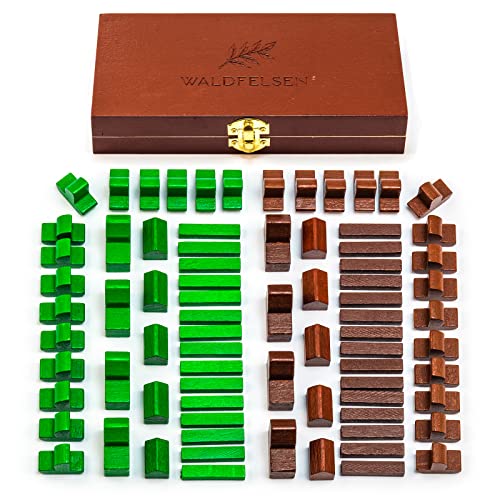 Waldfelsen Spielfiguren hochwertiger Holzbox: 8 Städte, 10 Siedlungen, 30 Straßen und 30 Schiffe geeignet für die Siedler-Ergänzung für 5 und 6 Spieler (Grün und Braun) von Waldfelsen