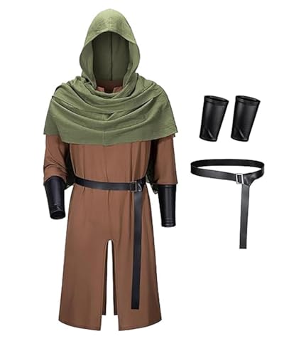 Walwoak Mittelalter Ritter Kostüm Herren Piraten Cosplay Renaissance Gewand mit Kapuze Halloween Komplett Set von Walwoak