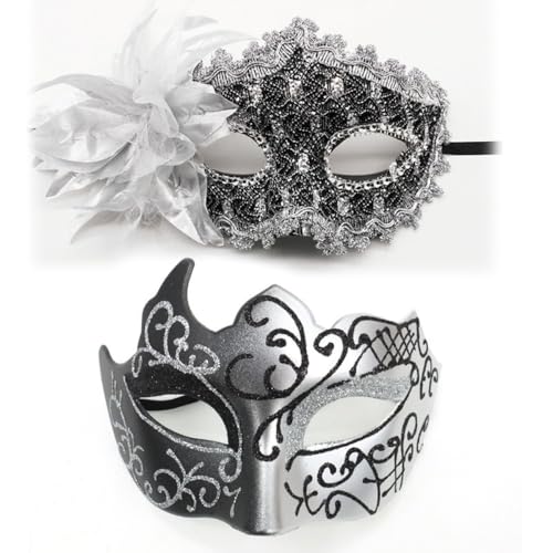 1 Paar Augenmaske Venice Mascarade Masken Venezianische Gesichtsmaske Karneval Maske Maskerade-Maske Bemalte Paarmaske,für Halloween Party Kostüm Ball Abend Abschlussball,Schwarzsilber von Wambere