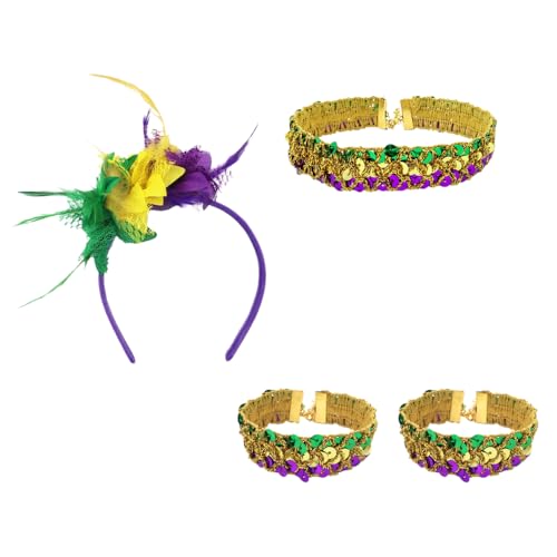 1 Set Maskenmaske Federstirnband Armband Halsband aus Pailletten Venezianische Maske Augenmaske Maskerade Maske Maskenarmband Karnevalskragen für Halloween Party Kostüm Ball,Mischfarbe B von Wambere