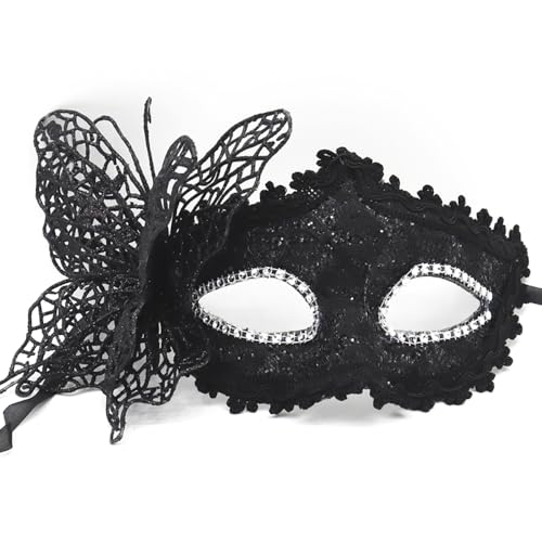 1 Stück Halbgesichtsmaske mit Schmetterling an der Seite,Venezianische Maskerade Maske Schmetterlingsmaske Halloween Augenmaske für Abschlussball Karneval Kostüm Festivals Zubehör,Schwarz von Wambere