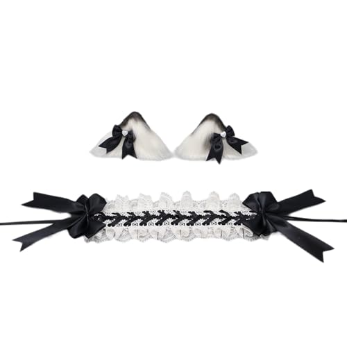 Katzenohren Haarreif Katzenschwanz Cosplay Set Stirnband Plüsch Ohren Haarspange Headwear Haarschmuck mit Schleife Haarnadel,für Damen Halloween Fasching Karneval Rollenspiel Kostüme,Schwarz A von Wambere