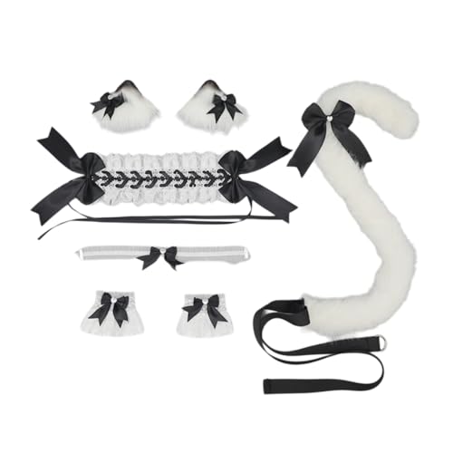 Katzenohren Haarreif Katzenschwanz Cosplay Set Stirnband Plüsch Ohren Haarspange Headwear Haarschmuck mit Schleife Haarnadel,für Damen Halloween Fasching Karneval Rollenspiel Kostüme,Schwarz C von Wambere