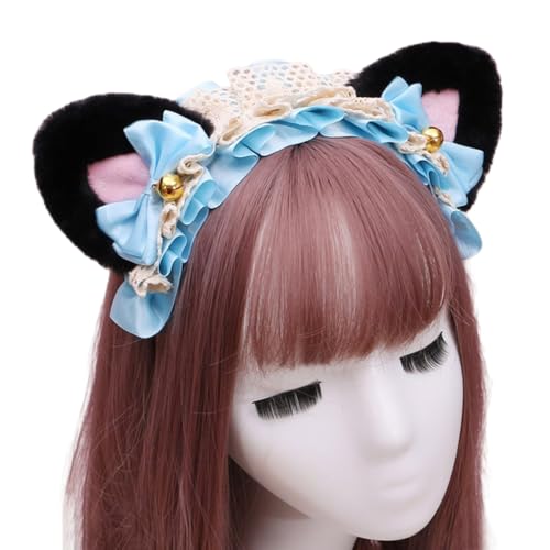 Lolita-Stirnband mit Spitze Katzenohren Stirnband,Katze Haarbänder Haarschmuck,Retro Haarreifen Kopfschmuck Haarschmuck für Cosplay Kostüm Party Dekoration Dressing Parteien Halloween,Blau C von Wambere