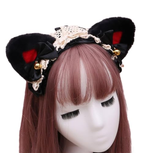 Lolita-Stirnband mit Spitze Katzenohren Stirnband,Katze Haarbänder Haarschmuck,Retro Haarreifen Kopfschmuck Haarschmuck für Cosplay Kostüm Party Dekoration Dressing Parteien Halloween,Schwarz B von Wambere
