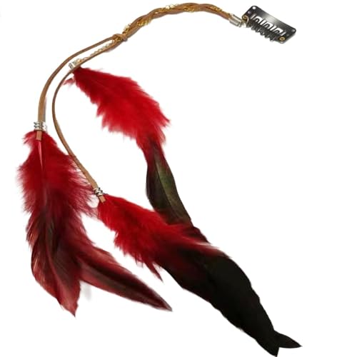 Wambere 4 Stück Federn Haarextensions Boho Federn Haarschmuck Clip Federquasten Kopfschmuck Federn Haarschmuck Haar Quaste Haarkette Haarspangen für Halloween Karneval Fasching Cosplay,Weinrot von Wambere