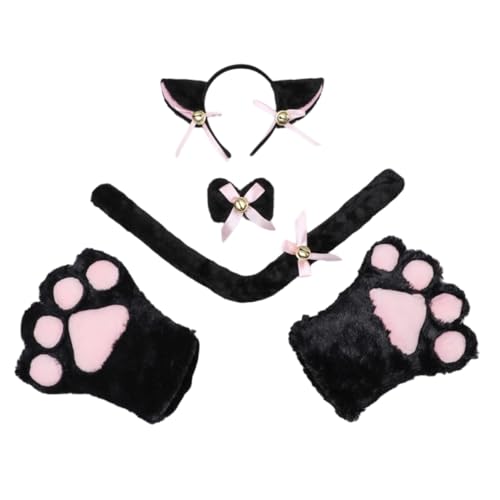 Wambere 5-teiliges Haarband Katzenkrallen-Set,Damen Stirnband Katzenohr Haarband Kostüm Haarspange Haarband Haarschmuck Cat Cosplay Kostüme Katzenpfoten Handschuhe für Halloween Rollenspiel,Schwarz von Wambere