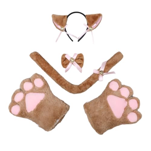 Wambere 5-teiliges Haarband Katzenkrallen-Set,Damen Stirnband Katzenohr Haarband Kostüm Haarspange Haarband Haarschmuck Cat Cosplay Kostüme Katzenpfoten Handschuhe für Halloween Rollenspiel,Kamel von Wambere