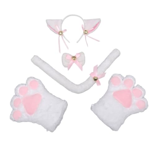 Wambere 5-teiliges Haarband Katzenkrallen-Set,Damen Stirnband Katzenohr Haarband Kostüm Haarspange Haarband Haarschmuck Cat Cosplay Kostüme Katzenpfoten Handschuhe für Halloween Rollenspiel,Weiß von Wambere