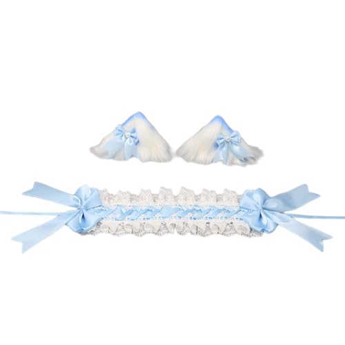 Wambere Katzenohren Haarreif Katzenschwanz Cosplay Set Stirnband Plüsch Ohren Haarspange Headwear Haarschmuck mit Schleife Haarnadel,für Damen Halloween Fasching Karneval Rollenspiel Kostüme,Blau A von Wambere