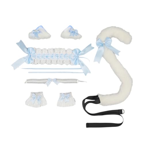 Wambere Katzenohren Haarreif Katzenschwanz Cosplay Set Stirnband Plüsch Ohren Haarspange Headwear Haarschmuck mit Schleife Haarnadel,für Damen Halloween Fasching Karneval Rollenspiel Kostüme,Blau C von Wambere