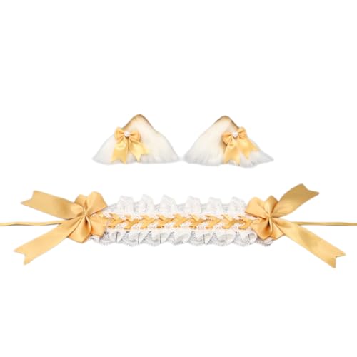Wambere Katzenohren Haarreif Katzenschwanz Cosplay Set Stirnband Plüsch Ohren Haarspange Headwear Haarschmuck mit Schleife Haarnadel,für Damen Halloween Fasching Karneval Rollenspiel Kostüme,Gelb A von Wambere