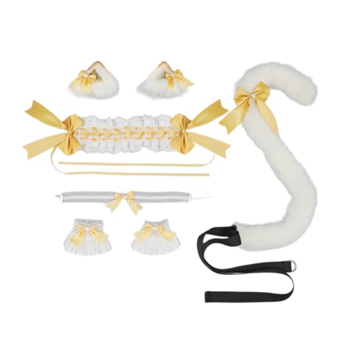 Wambere Katzenohren Haarreif Katzenschwanz Cosplay Set Stirnband Plüsch Ohren Haarspange Headwear Haarschmuck mit Schleife Haarnadel,für Damen Halloween Fasching Karneval Rollenspiel Kostüme,Gelb C von Wambere