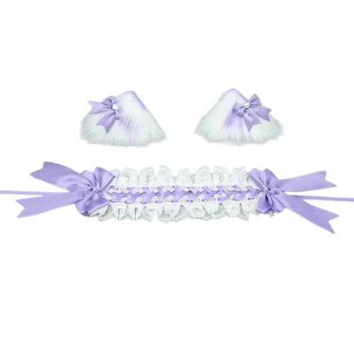 Wambere Katzenohren Haarreif Katzenschwanz Cosplay Set Stirnband Plüsch Ohren Haarspange Headwear Haarschmuck mit Schleife Haarnadel,für Damen Halloween Fasching Karneval Rollenspiel Kostüme,Lila A von Wambere