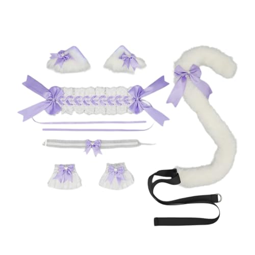 Wambere Katzenohren Haarreif Katzenschwanz Cosplay Set Stirnband Plüsch Ohren Haarspange Headwear Haarschmuck mit Schleife Haarnadel,für Damen Halloween Fasching Karneval Rollenspiel Kostüme,Lila C von Wambere