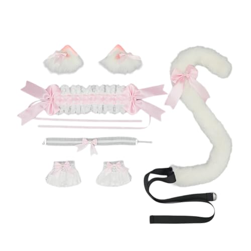 Wambere Katzenohren Haarreif Katzenschwanz Cosplay Set Stirnband Plüsch Ohren Haarspange Headwear Haarschmuck mit Schleife Haarnadel,für Damen Halloween Fasching Karneval Rollenspiel Kostüme,Rosa C von Wambere