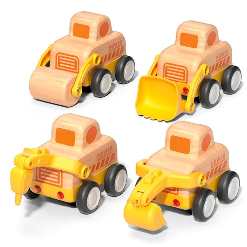 Wanborns 4 PCS Holzauto Spielzeug - Bagger, Bulldozer, Straßenwalze, Bohrmaschine von Wanborns