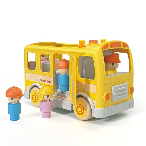 Wanborns School Bus Toys with 5 Play Figures for Toddlers, Kids Car Toys with Light & Sound, and Trucks can Open Doors and Stop Signs, Birthday Gifts for 18M+ 2 3 4 5 Years Old Boys (Wooden+Plastics) von Wanborns