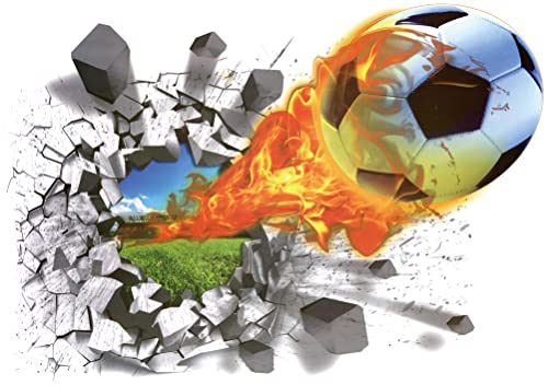 WandSticker4U- 3D Wandtattoo FUSSBALL mit Feuer I Wandbild: 70x50 cm I Wandsticker Kinder WM EM Stadion Arena Mauer Tür-aufkleber Poster I Wand Deko für Kinderzimmer Jugendzimmer Junge von WandSticker4U