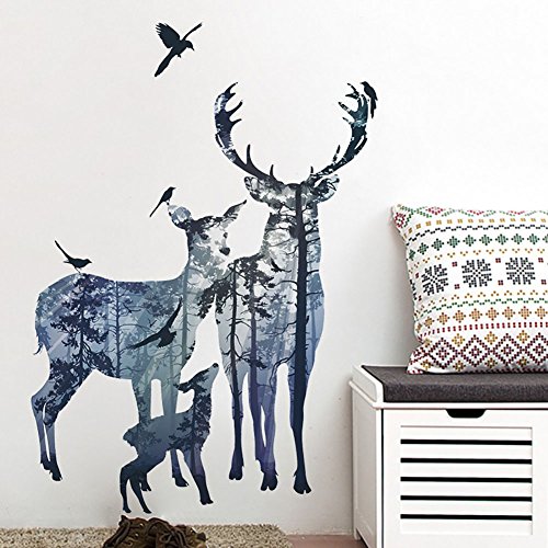 WandSticker4U®- Wandtattoo HIRSCH Familie aus dem Wald I Wandbilder: 78x109 cm I Wandsticker Rentier Reh Vögel Baum Waldtiere I Wand Deko für Wohnzimmer Schlafzimmer Küche Flur GROSS von WandSticker4U