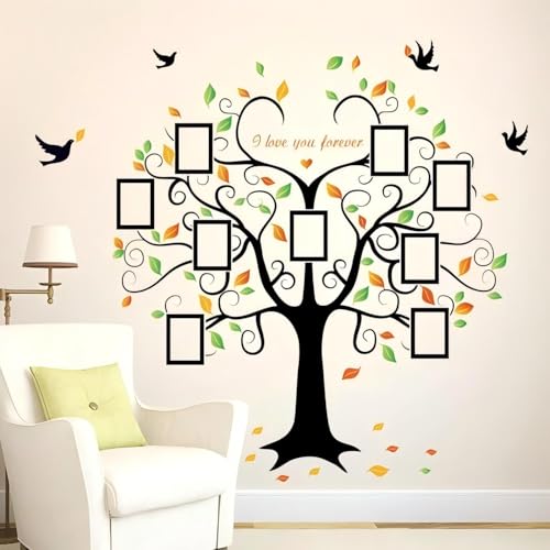 WandSticker4U®- XXL Wandtattoo BAUM mit Bilderrahmen bunt (160x204 cm) I Fotobaum Wandsticker Familienbaum Fotorahmen Aufkleber Vögel Blätter I Wanddeko für Wohnzimmer Flur GROß von WandSticker4U