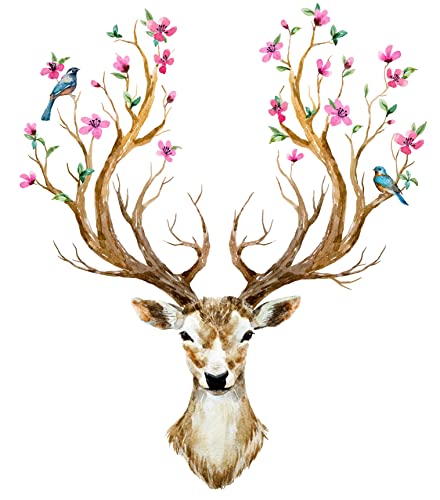 WandSticker4U®- XXL Wandtattoo HIRSCHGEWEIH mit Blumen und Vögeln I Wandbilder: 81x97cm I Wand Deko Rentier Wald-tiere Kopf Reh Aufkleber I Wandsticker für Wohnzimmer Schlafzimmer Küche Flur von WandSticker4U