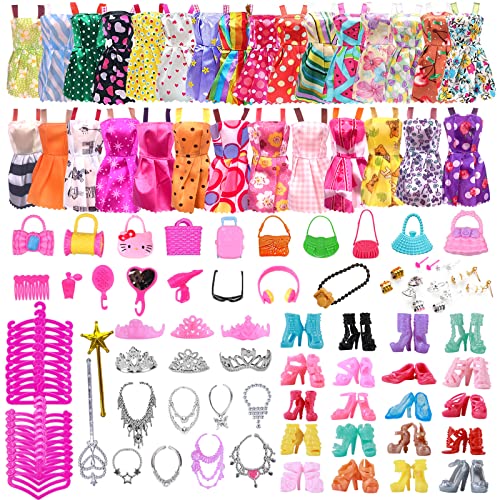 120 Stück Puppenkleidung und Zubehör für Barbie-Puppen, 20 Kleider + 20 Handtasche + 20 Schuhe + 60 Schmuck-Accessoires, modische Outfits, Halskette, Spiegel, Ohrringe, Kronenhänger für 29 von WanderGo