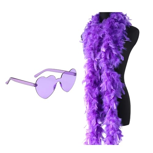 2 Stück Federboa und Sonnenbrille, 2 Meter Fasching und Basteln, Federboas und herzförmige Sonnenbrille, Partyzubehör für Tanzen, Hochzeiten, Verkleidungen, Halloween, Kostümdekoration (lila) von WanderGo