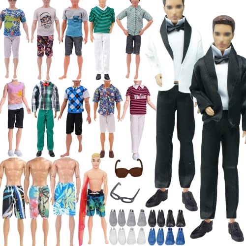 23-teiliges Ken-Barbie-Puppen-Kleidung und Zubehör-Set, einschließlich 1 Ken-Anzug, 5 Oberteile, 5 Hosen, 2 Boardshorts, 8 Schuhe, 1 Brille und 1 Surfboard (zufälliger Stil) von WanderGo