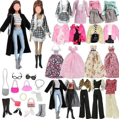 24-teiliges Puppenkleidungszubehör-Set, 29,8 cm, modisches Puppen-Outfit mit Hahnentritt-Rock, schwarzem Mantel und Windjacke, Schuhen, Taschen, Schmuck für coole Mädchen, süße und elegante Stile von WanderGo