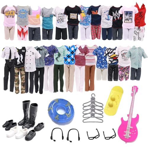 30 Pack of Clothes and Accessories for Ken doll, Ken Kleidung und Zubehör, Jungen Puppen 5 Freizeitbekleidung Kleidung 5 Hosen 4 Paar Schuhe 1 Schwimmräder 1 Gitarre 1 Surfbrett 2 Brillen 2 Kopfhörer von WanderGo