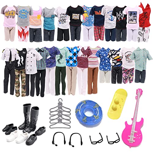 30 Stück Kleidung und Zubehör für Ken-Puppen, 5 beiläufige zufällige Kleidung Set für Jungenpuppen, Schuhe, Brillen, Kopfhörer, Sommer, Schwimmring, Gitarre, Skateboard, Aufhänger, Weihnachtsgeschenk von WanderGo