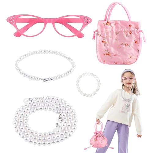 5 Stück Oma Kostüm Fasching Damen Old Lady Kostüm Oma Kostüm Alte Frau Kinder Cosplay Zubehör Oma Brille Imitierte Perlenkette Kettenarmband und Bestickte Handtasche für Fasching Karneval Halloween von WanderGo