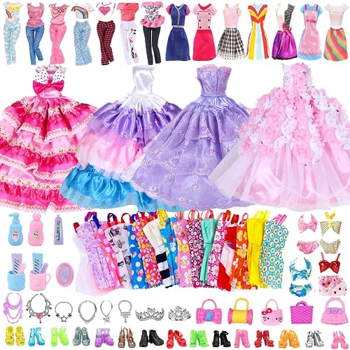 65 Stück Puppenkleidung und Zubehör, kompatibel mit Barbie-Kleidung, 13 Kleider, 5 Handtaschen, 20 Schuhe, 10 Schmuck, 10 Waschzubehör, 2 Oberteile, 2 Hosen, 3 Bikini, Mode-Outfits, Geschenk für 29,8 von WanderGo