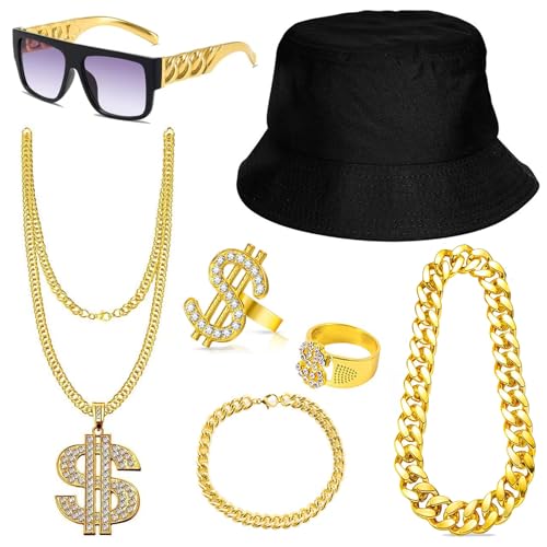 7 Stück Zuhälter Kostüm, 70er 80er 90er Jahre-Kostüm Herren, Goldene Rapper Hip Hop Kostüm mit Dollar Kette Gold Ring Herren Sonnenbrille Fischerhut für Cosplay Karneval Fasching Mottoparty von WanderGo