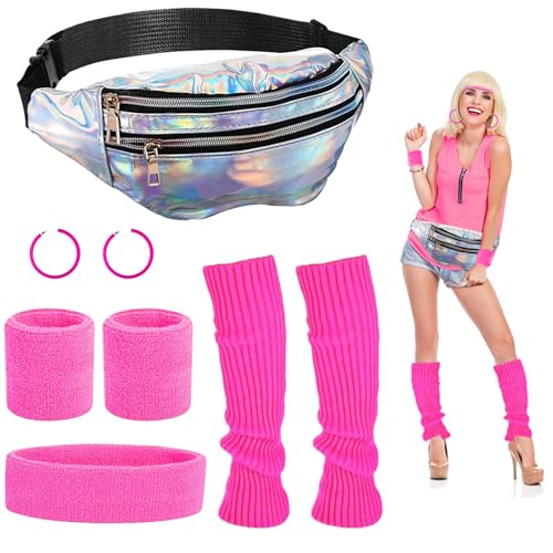 80er Jahre Kleidung Damen Set, Silberne Laser-Bauchtasche 80er Outfit Sportlicher Stil Rosa Beinwärmer Armbänder Stirnband Ohrringe Retro Neonrosa Kostüm Accessoires für Party Fasching Karneval 80er Jahre Kleidung Damen Set, Silberne Laser-Bauchtasche 80er Outfit Sportlicher Stil Rosa Beinwärmer Armbänder Stirnband Ohrringe Retro Neonrosa Kostüm Accessoires für Party Fasching Karneval von WanderGo