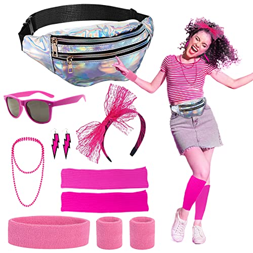 80er Jahre Kleidung Damen Accessoires, 90 Jahre Outfit Damen mit Silberne Laser-Bauchtasche, Rosa BeinwäRmer, ArmbäNder, Stirnband, Ohrringe, Halskette, Sonnenbrille für Party Fasching Karneval von WanderGo