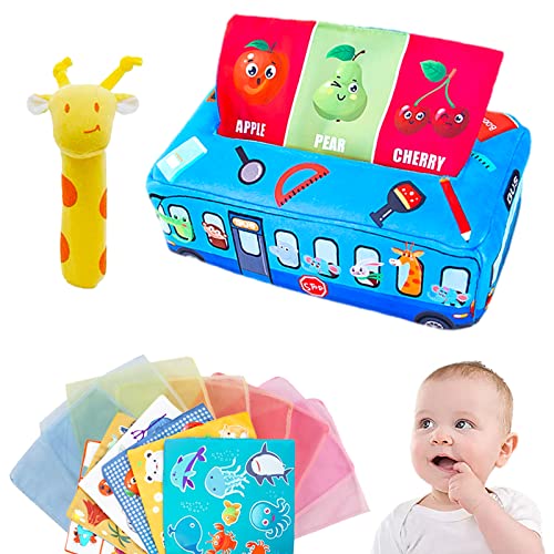 WanderGo Baby Spielzeug 6 Monate, Tissue Box Montessori mit Rasseln Spielzeug Baby Kleinkind Tissue Box mit Farbiges Tuch knisterspielzeug Frühes Lernspielzeug Für Babys 0-12 Monate (Blauer Bus) von WanderGo