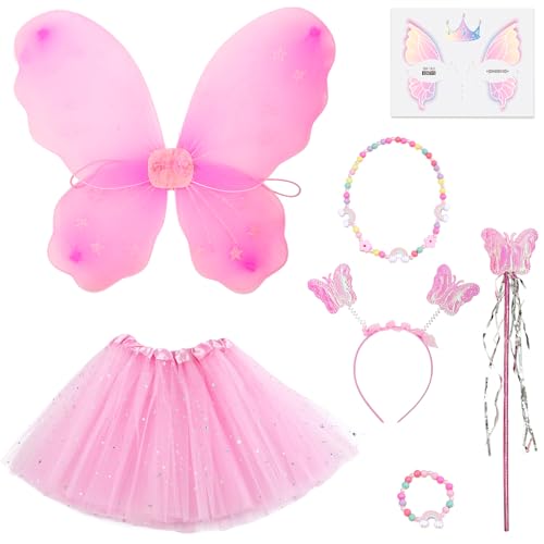 Feen Kostüm Kinder, 7 Stück Feenflügel Kinder, Schmetterling Kostüm Mädchen, Schmetterlingsflügel, Flauschiger Rock, Stirnband, Zauberstab, Halskette, Armband, Tattoo Aufkleber für Mädchen 3-6 Jahren Feen Kostüm Kinder, 7 Stück Feenflügel Kinder, Schmetterling Kostüm Mädchen, Schmetterlingsflügel, Flauschiger Rock, Stirnband, Zauberstab, Halskette, Armband, Tattoo Aufkleber für Mädchen 3-6 Jahren von WanderGo