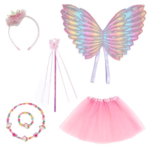 Feenflügel für Kinder, 6-teiliges Feenkostüm für Mädchen mit Schmetterlingsflügeln, Feenstab, rosa Tutu, Krone, Haarband, Einhorn-Halskette, Armband, Feenflügel und Zauberstab, Verkleidung für Mädchen Feenflügel für Kinder, 6-teiliges Feenkostüm für Mädchen mit Schmetterlingsflügeln, Feenstab, rosa Tutu, Krone, Haarband, Einhorn-Halskette, Armband, Feenflügel und Zauberstab, Verkleidung für Mädchen von WanderGo