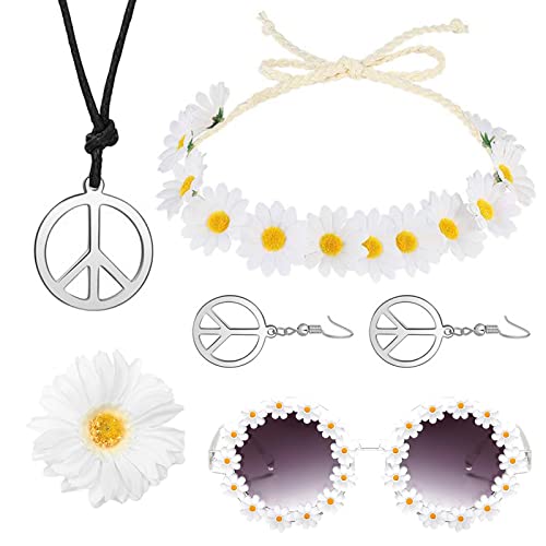 Hippie Costume Set für Damen, 6-teiliges Zubehör, Hippie-Party-Kostüm, Halskette und Ohrringe, Friedenszeichen, Sonnenbrille, Blumen, Hippie-Stirnband, für Retro-60er, 70er-Jahre, Partyzubehör von WanderGo