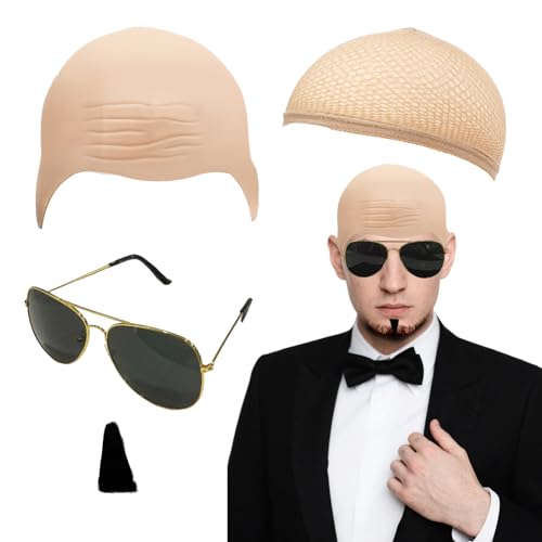 Mr Worldwide Zubehör-Set für Erwachsene, 4-teilig, kahle Kappe, schwarze Sonnenbrille, schwarzer Seelenaufnäher, hautfarbene Perückenkappe – Musik-Ikone, Kostümzubehör-Set für Männer und Frauen Mr Worldwide Zubehör-Set für Erwachsene, 4-teilig, kahle Kappe, schwarze Sonnenbrille, schwarzer Seelenaufnäher, hautfarbene Perückenkappe – Musik-Ikone, Kostümzubehör-Set für Männer und Frauen von WanderGo