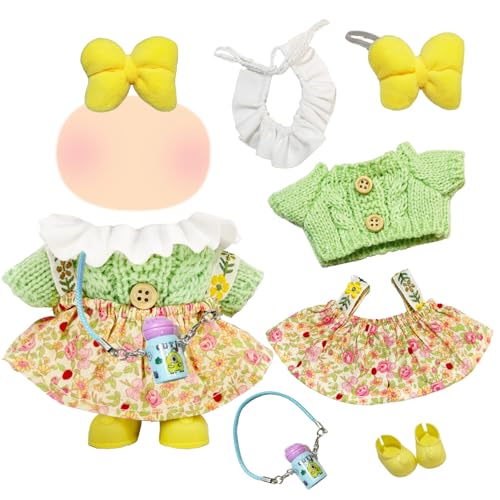 Puppenkleidung für 17 cm große Plüschpuppen, inklusive Frühlingstour rosa Kleid, 4-teiliges Set + gelbe Schuhe + blaue Wasserflasche Crossbody-Tasche, Puppe nicht enthalten (Braun) von WanderGo