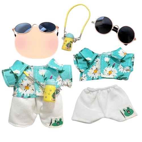 Puppenkleidung für 17 cm große Plüschpuppen, inklusive himmelblauem Strand-Set + Sonnenbrille + gelbe Wasserflasche Crossbody-Tasche, Puppe nicht im Lieferumfang enthalten von WanderGo