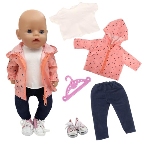 Puppenkleidungs-Outfits für 35-45 cm große Babypuppen, süßes Puppenzubehör mit Stern-Hoodie, T-Shirt, Hosen, Segeltuch-Schuhaufhänger, Geburtstag für Mädchen (keine Puppe), 5 Stück von WanderGo